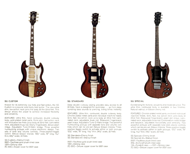 Os modelos SG da Gibson, em 1970. A primeira guitarra de Angus Young é o modelo Standard Walnut.